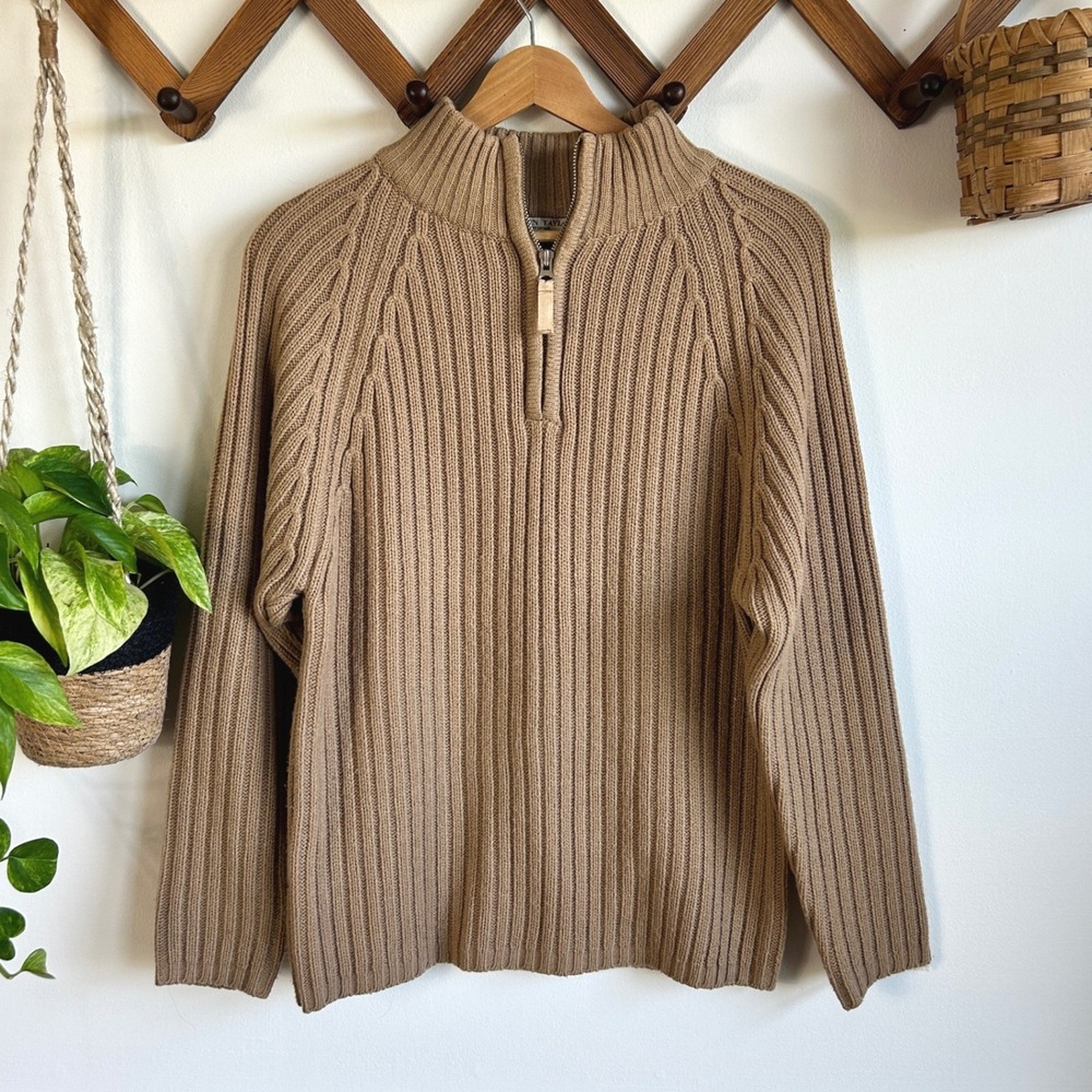 intage Carolyn Taylor Essentials Tan Ribbed Quarter Zip Mock Neck Sweater Small